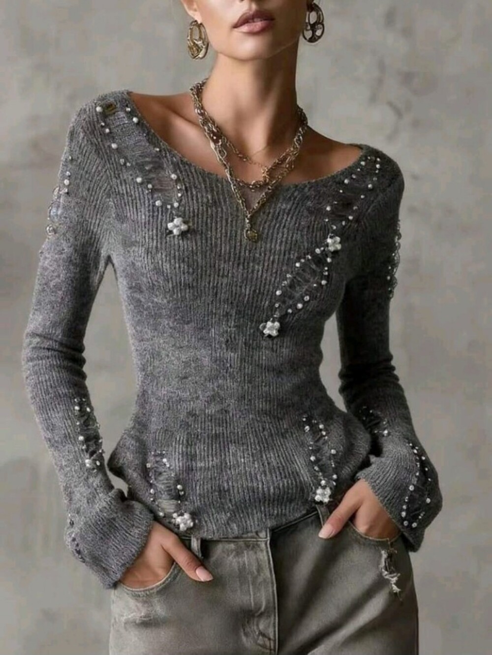 Women's Faux Pearl Decor Casual Elegant Versatile Daily Wear Long Sleeve